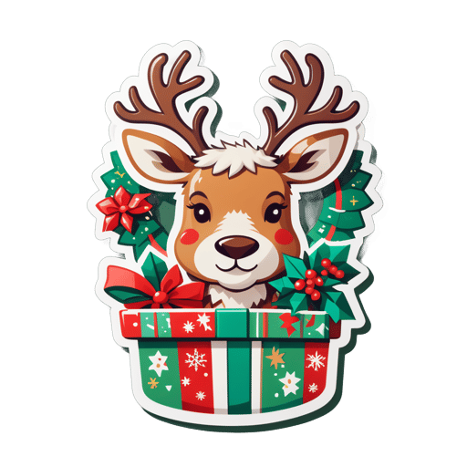 A reindeer with a holiday wreath in its left hand and a gift box in its right hand sticker