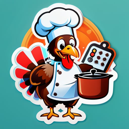 Một con gà tây đang cầm một chiếc mũ đầu bếp trong tay trái và một đồng hồ hẹn giờ nấu ăn trong tay phải dán sticker