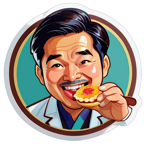 Un doctor asiático come pasteles de nata portugueses sticker
