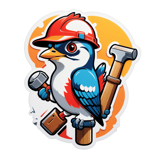 Un pájaro carpintero con un casco en su mano izquierda y un martillo en su mano derecha sticker