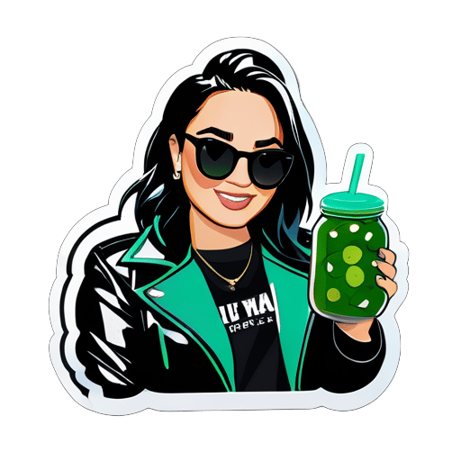 Demi lovato wearing a black jacket with sunglasses holding a jar of pickles  sticker