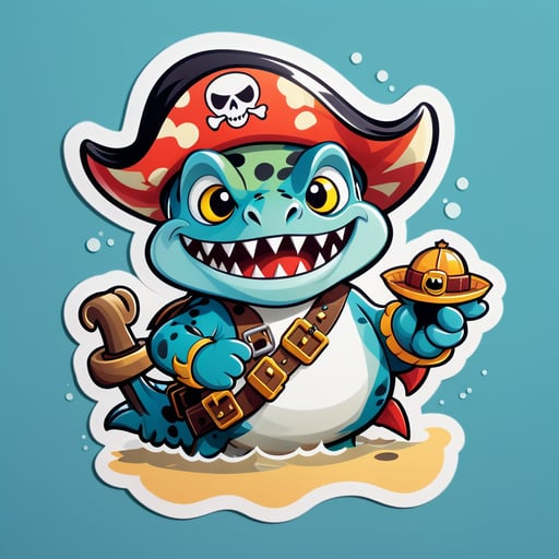 왼손에 해적 모자를 쓴 피라냐가 오른손에 보물 지도를 들고 있는 모습 sticker