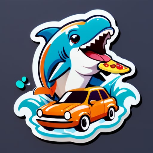 Một con cá heo đang ăn pizza và lái xe sticker