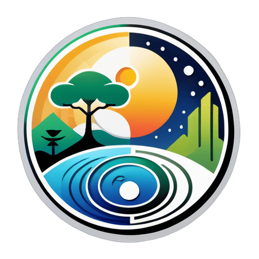 Generieren Sie ein Logo-Bild, das aus dem Yin-Yang-Bagua besteht und die Elemente Sonne, Mond, Bäume, Wolkenkratzer und Seen enthält, in einem sehr klaren und einfachen Stil. sticker