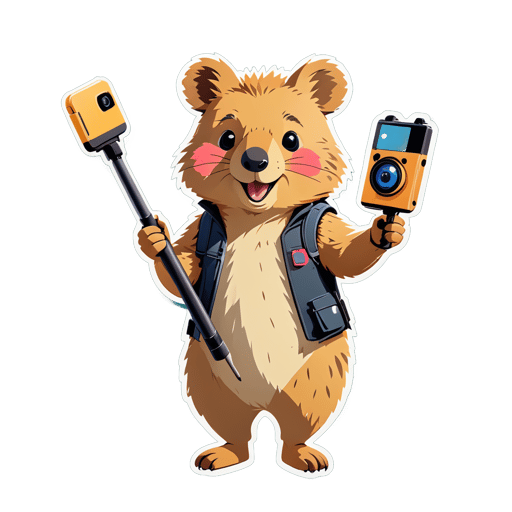 A quokka with a selfie stick in its left hand and a camera in its right hand sticker