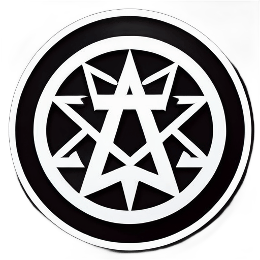 Patrón circular, fondo negro con letras blancas, estrella de cinco puntas dentro de un círculo, con la palabra '正' en blanco en el centro sticker