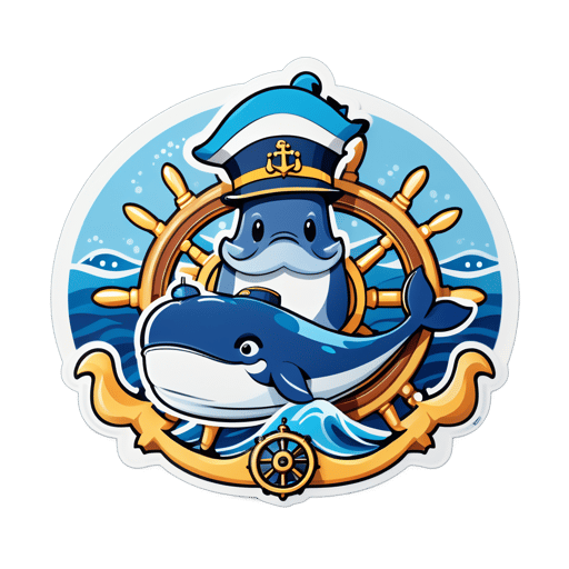 Una ballena con un sombrero de capitán de mar en su mano izquierda y un timón de barco en su mano derecha sticker