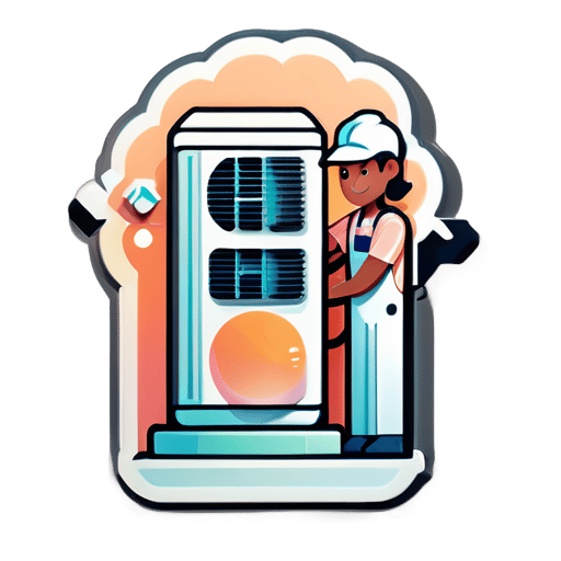 2 engineers repairing an air conditioner, peach colors, clipart style sticker