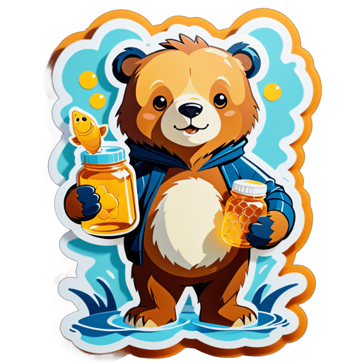 Ein Bär mit einem Fisch in seiner linken Hand und einem Honigglas in seiner rechten Hand sticker
