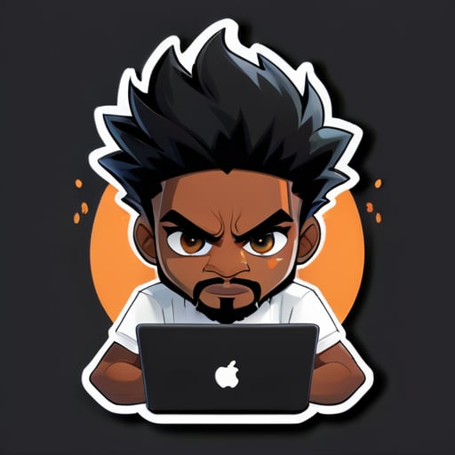 Generator a sticker of the A Angry black boy working on his laptop, the boy is having Messi hairs and  patchy beard and    moustache, tiny eyes , color black , he is wearing solid white t-shirt and black jeans sticker