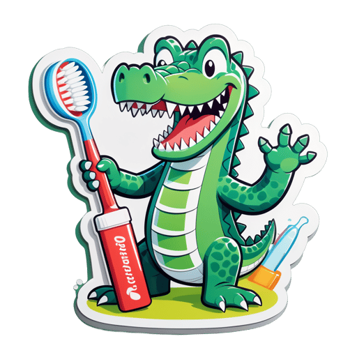 Um crocodilo com uma escova de dentes na mão esquerda e um tubo de pasta de dente na mão direita sticker