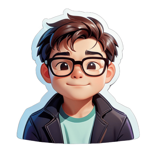 A handsome boy, wearing glasses, slightly fat, cartoon character sticker