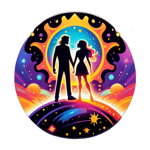 In the cosmic background, there are two suns and several stars. Each sun has a person standing on it, and the two people are facing each other. Each person is surrounded by colorful flames. One man and one woman. sticker