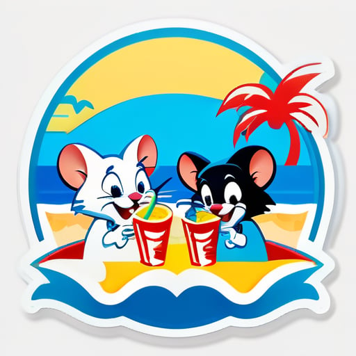 tom e jerry em trajes de banho na praia, saboreando bebidas sticker