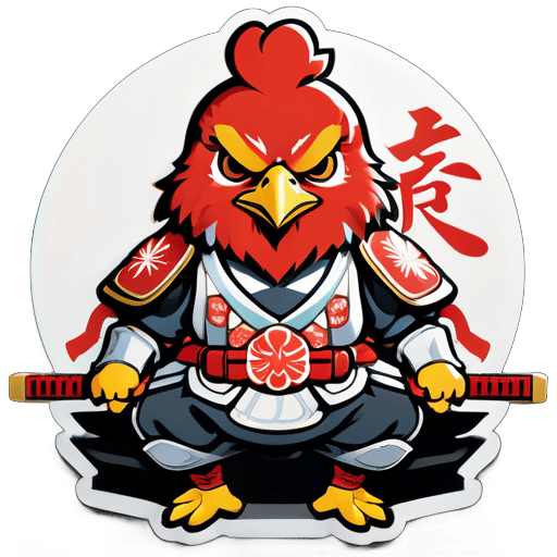 A chicken wearing Japanese general armor is meditating, sitting cross-legged in Japanese style. Two swords are tied around its waist. Its face shows a solemn and fierce expression. sticker
