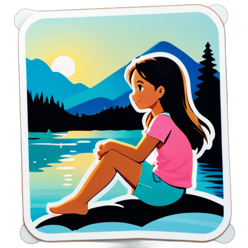 one girl sitting near lake sticker