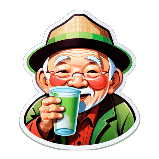 O avô de Pequim com um chapéu de melancia está bebendo suco de feijão. sticker