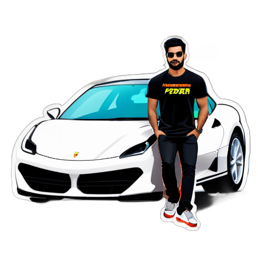 a man sitting on ferrari car and work with laptop and wearing black t shirt and his name waqar haider is written on his shirt back
 sticker