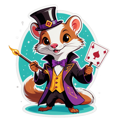 A weasel with a magician wand in its left hand and a deck of cards in its right hand sticker