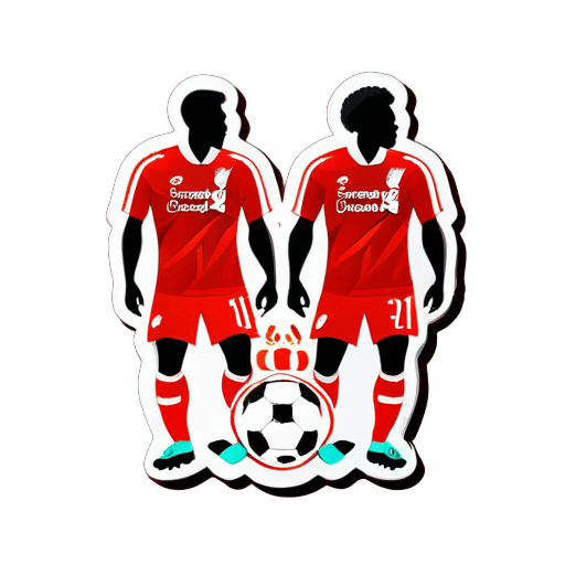 3 hombres vistiendo todos los kits de fútbol del Liverpool en rojo sticker