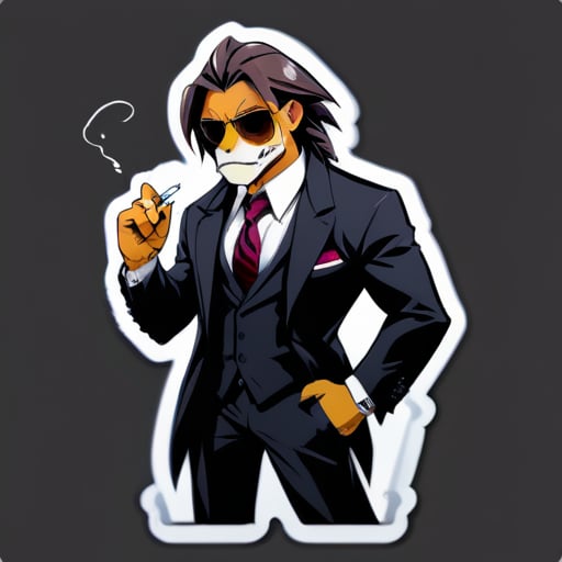 Leon animal dibujado anime de mafia super fuerte, vestido con traje, fumandose un cigarro sticker