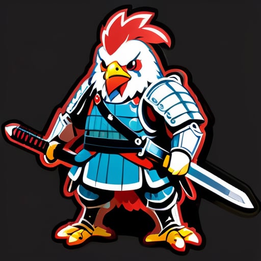 Một con gà mặc bộ giáp của tướng Nhật, cầm hai thanh kiếm, mặt có vết cắt, trong tình trạng mệt mỏi sau trận đấu, cơ thể có nhiều vết thương chảy máu. sticker