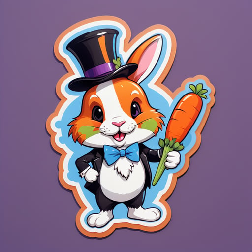 Um coelho com uma cenoura na mão esquerda e um chapéu alto na mão direita sticker