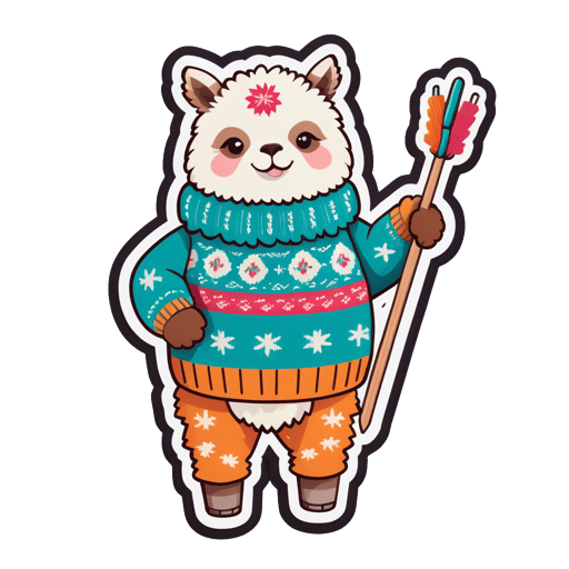 Una alpaca con un suéter lanudo en su mano izquierda y agujas de tejer en su mano derecha sticker
