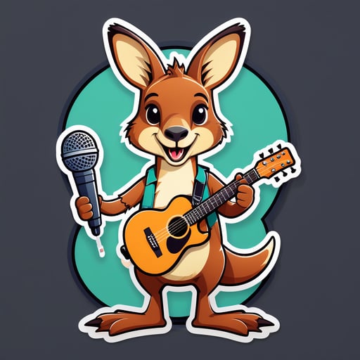 A kangaroo with a guitar in its left hand and a microphone in its right hand sticker