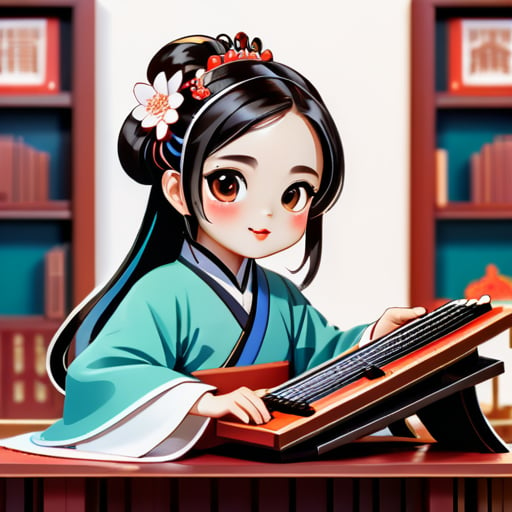 Una joven, vistiendo una versión moderna de hanfu, tocando el guzheng en una habitación con estanterías de libros de fondo, combinando la cultura clásica china con elementos modernos para transmitir un ambiente chino con un toque de moda. sticker