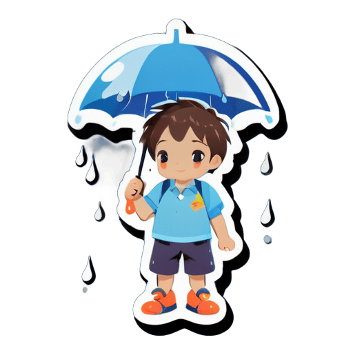 A little boy holding an umbrella, with a small cloud above the umbrella, raining blue. sticker