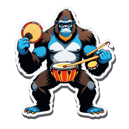 Ein Gorilla mit einer Trommel in seiner linken Hand und Trommelstöcken in seiner rechten Hand sticker