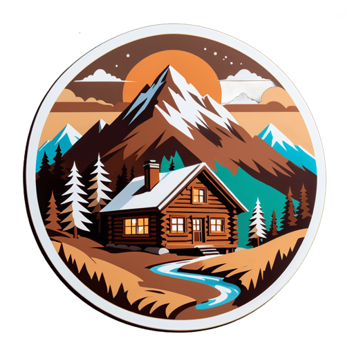 Brown Cabin Được Bao Bọc Bởi Những Dãy Núi sticker