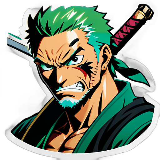 Zoro, fierce gaze and swords drawn, faces trials of valor, loyalty, and strength amidst epic adventures across perilous lands. sticker