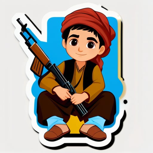 một cậu bé trong trang phục văn hóa Pashtun cầm súng AK47 ngồi bên cạnh một bảng viết Pashtun sticker
