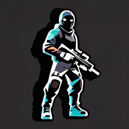 Character: A sleek and agile gaming character holding a gun in one hand.
Face Mask: The character wears a black face mask covering only the nose, adding an air of mystery and stealth.
Clothing: Clad in tactical gear, with a combination of dark colors for camouflage.
Pose: The character stands in a dynamic stance, ready for action, with one foot forward and the gun raised.
Background: A futuristic  sticker
