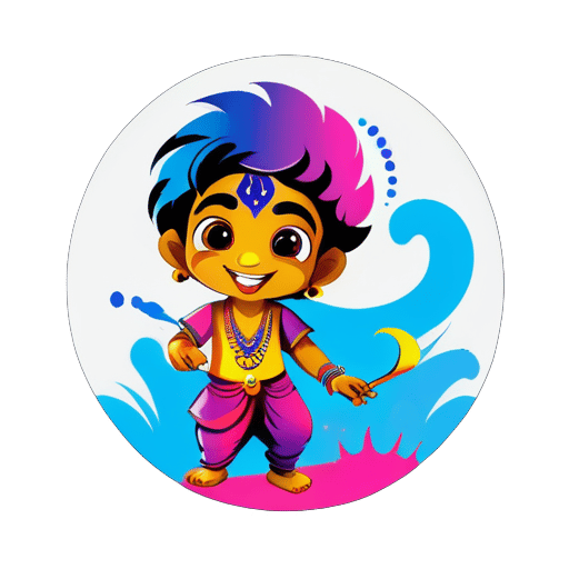 haz una foto de Krishna con un niño llamado Aman jugando Holi sticker