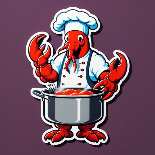 一隻龍蝦左手拿著廚師圍裙，右手拿著烹飪鍋 sticker