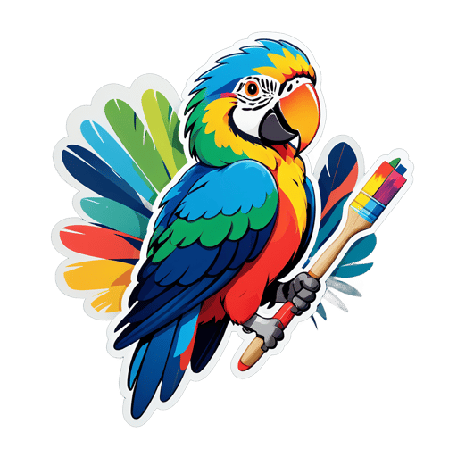 一隻金剛鸚鵡，左手拿著畫筆，右手拿著調色板 sticker