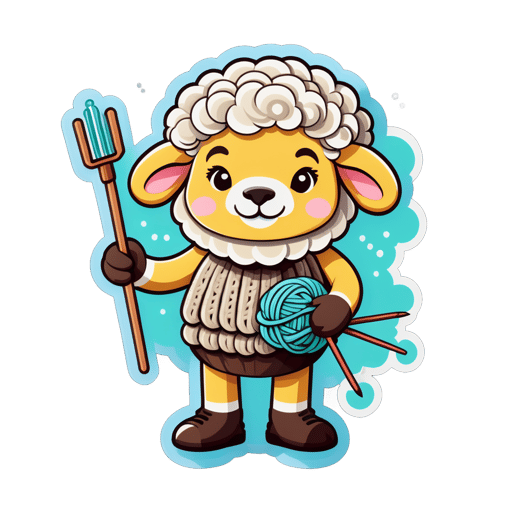 Un mouton tenant une pelote de laine dans sa main gauche et des aiguilles à tricoter dans sa main droite sticker