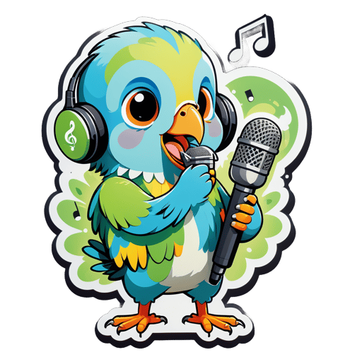 Un perruche avec une note de musique dans sa main gauche et un microphone dans sa main droite sticker