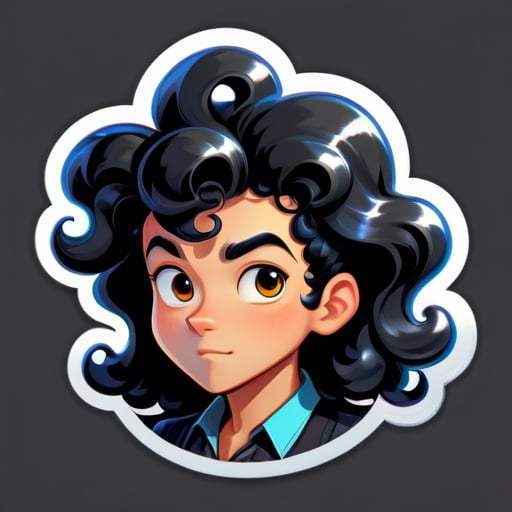 Hair: Shiny black wool curls, not very curly but slightly longer. Ethnicity: Asian, fair skin. Expression: Contemplating a tricky bug. Occupation: A skilled modern programmer. Gender: Male sticker