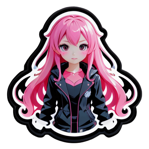 Girl with long pink hair in a black JK outfit, anime character sticker