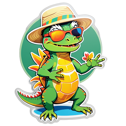 An iguana with a sun hat in its left hand and a pair of sunglasses in its right hand sticker