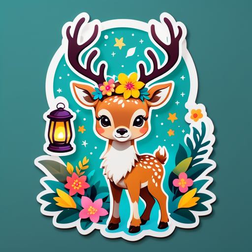 왼손에 꽃 왕관을 쓴 사슴이 오른손에 등을 든 모습 sticker