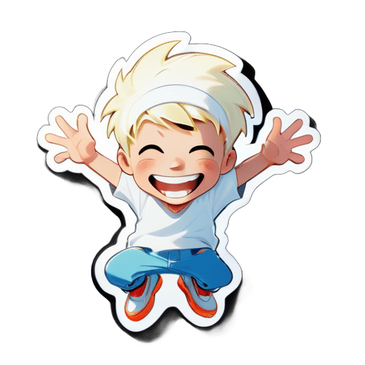A cartoon boy in a bleaching dressjumps into the air, his hands outstretched and a big smile on his face. sticker