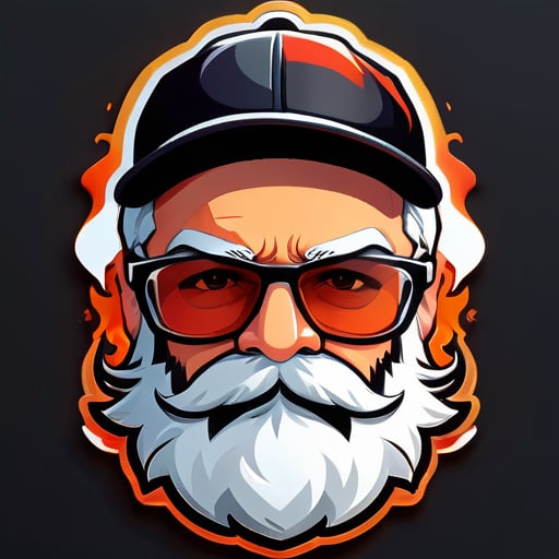 Beard: Well-groomed, stylish white beard for a wise and experienced look.
Glasses: Modern, sleek black glasses adding sophistication and intelligence.
Cap: Sporty cricket-style cap worn upside-down for a unique and playful touch.
Background: Fiery effects or flames in the backdrop to represent the intense action of Free Fire gaming. sticker