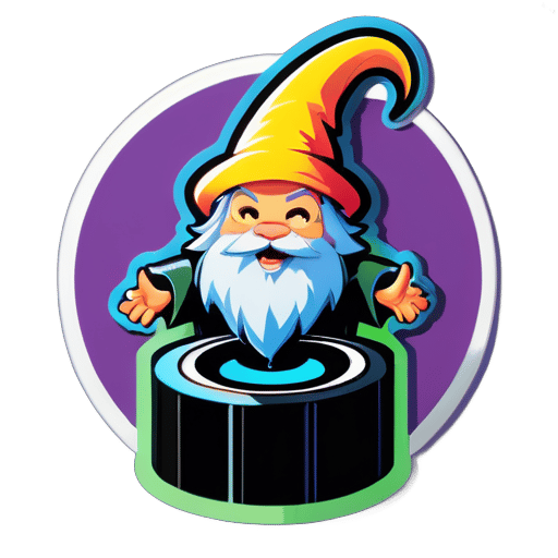 generate a sticker with a wizard climbing on a sound system and singing sticker