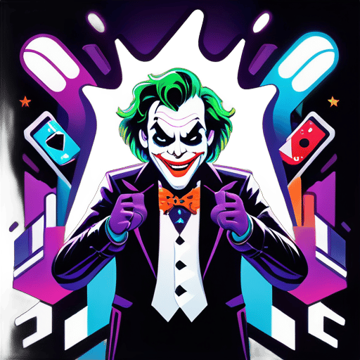 A mischievous joker, holding gaming controller joysticks in each hand, stands against a backdrop of neon lights and gaming icons. Vibrant colors and dynamic lines capture the excitement of gaming, while the joker's presence adds whimsy and intrigue. This logo fuses gaming with the charm of the joker archetype, inviting viewers into a world of fun and excitement. sticker