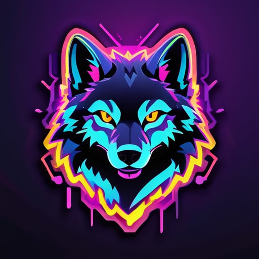 Một hình bóng sói được chiếu sáng bằng đèn neon với màu sắc rực rỡ, có đường viền và điểm nhấn phát sáng. Văn bản 'Neon Wolf Gaming' được thiết kế với hiệu ứng neon, tạo nên một cảm giác tương lai và sôi động. sticker
